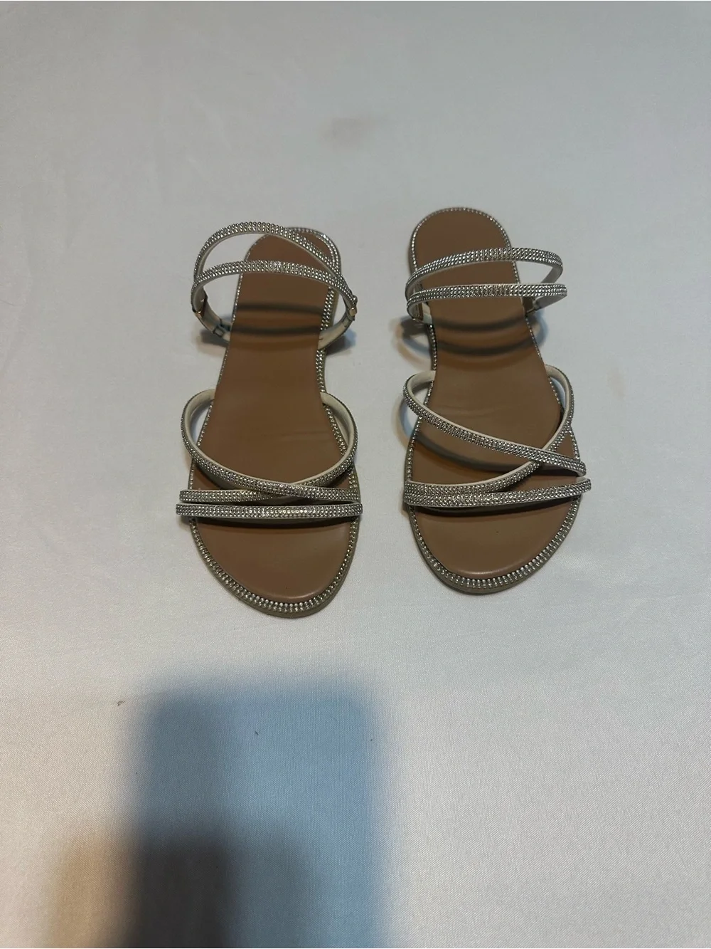 Strappy Rhinestone Sandals in Beige — Elegant Evening Flat